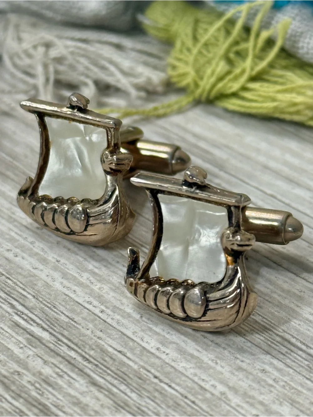 Viking Ship Mother-of-Pearl Cufflinks - Silver Tone